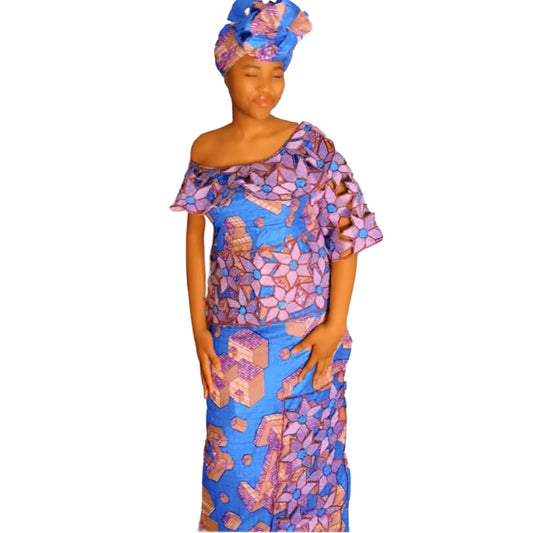 African Wax Dye Fabric 2 pieces with top Colorful Shiny Flower Graphic