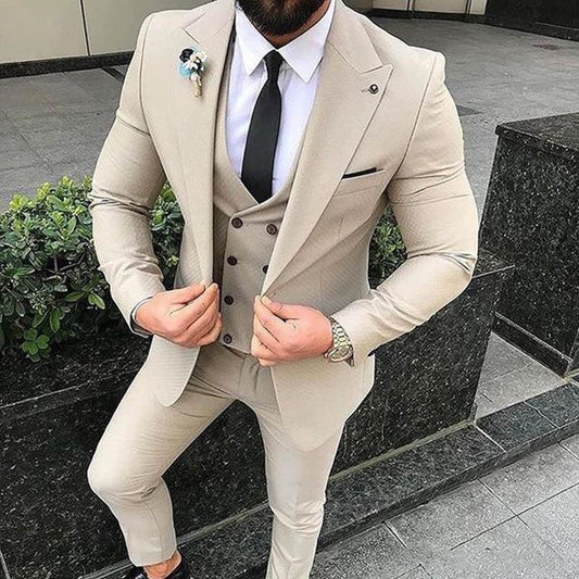 Slim Fit Beige 3 Piece Suit Men Wedding Tuxedos Bridegroom Groomsmen Suits Men Business Party Prom Blazer(Jacket+Pants+ Tie+Vest