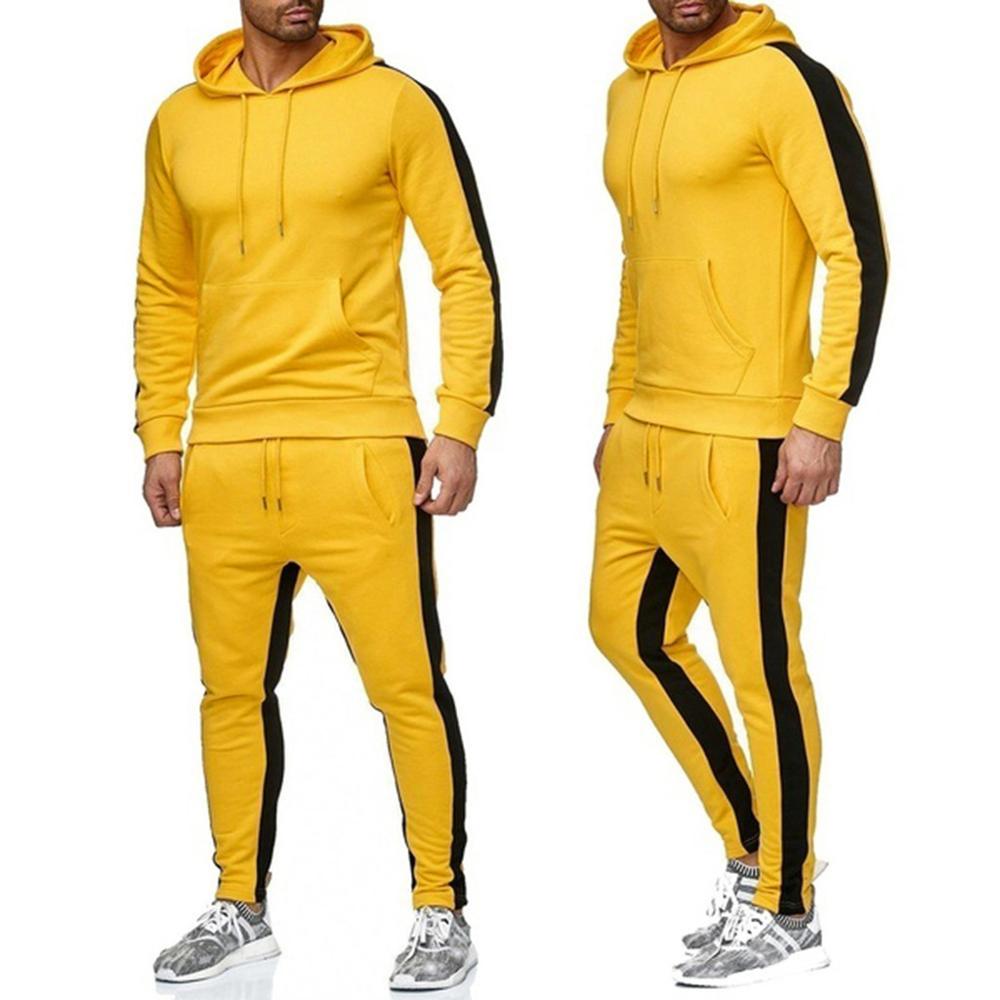 Men's Autumn Winter Cotton Pocket Sweatshirt Top Pants Sets Sports Suit Tracksuit Casual Sportwear Black Yellow Red Army Green