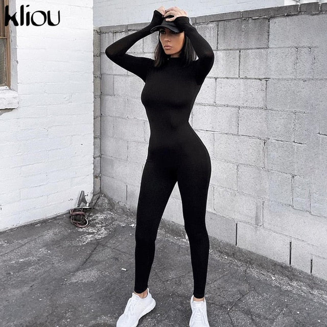 Kliou solid black/gray long sleeve skiing  jumpsuit women elastic hight outfit fashion fitness sportwear slim rompers streetwear