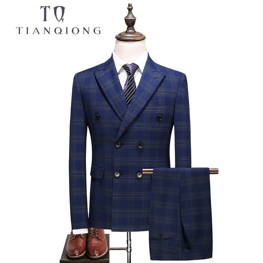 TIAN QIONG Mens Double Breasted Suit 2018 Slim Fit Blue Plaid Suit Men 5XL Plus Size Luxury Wedding Suits Business Formal Wear