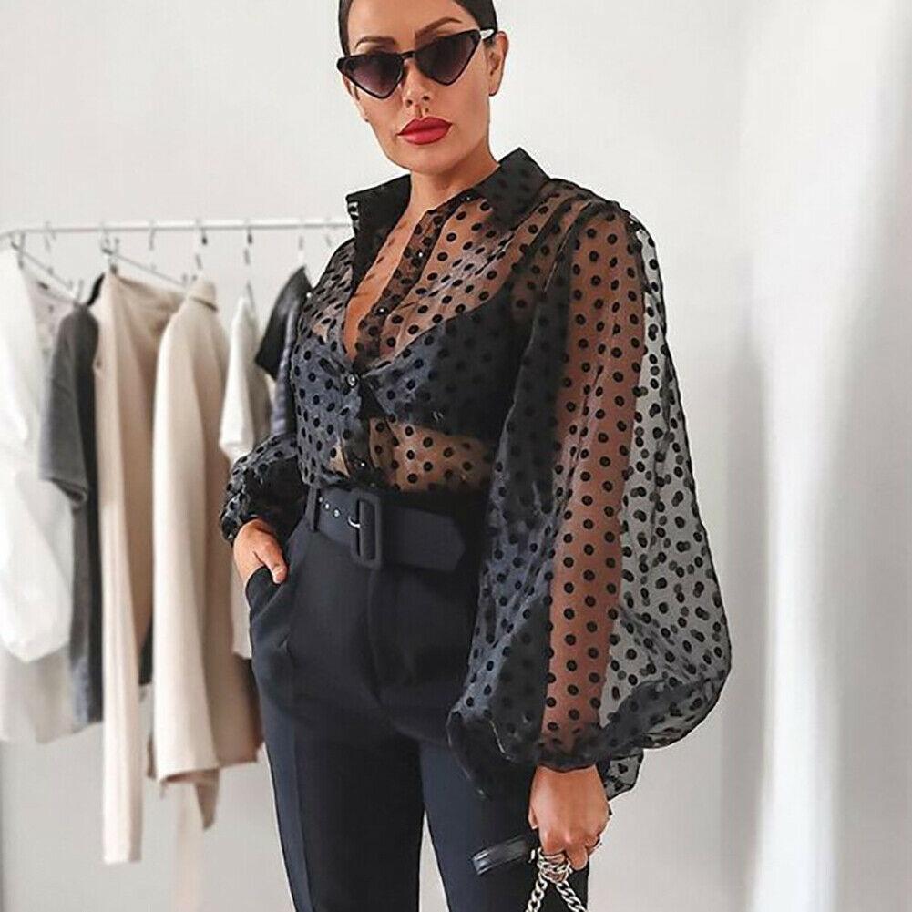 Women Polka Dot Retro Blouse Lady Early Autumn Modern Mesh Shirt Vogue See-through Loose Button  Puff Sleeve Blouse High Street