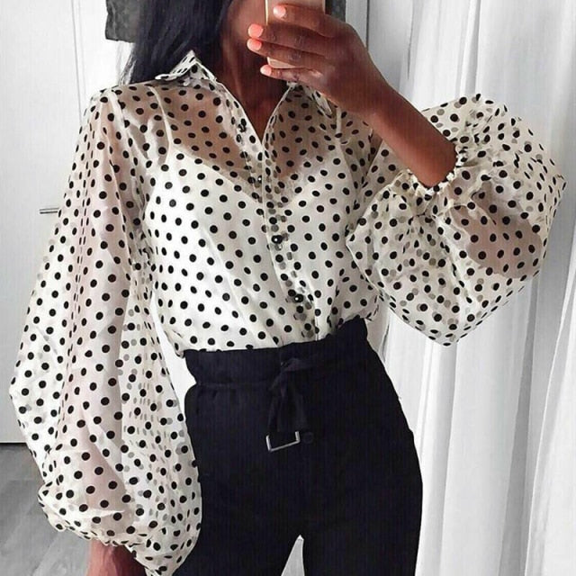 Women Polka Dot Retro Blouse Lady Early Autumn Modern Mesh Shirt Vogue See-through Loose Button  Puff Sleeve Blouse High Street