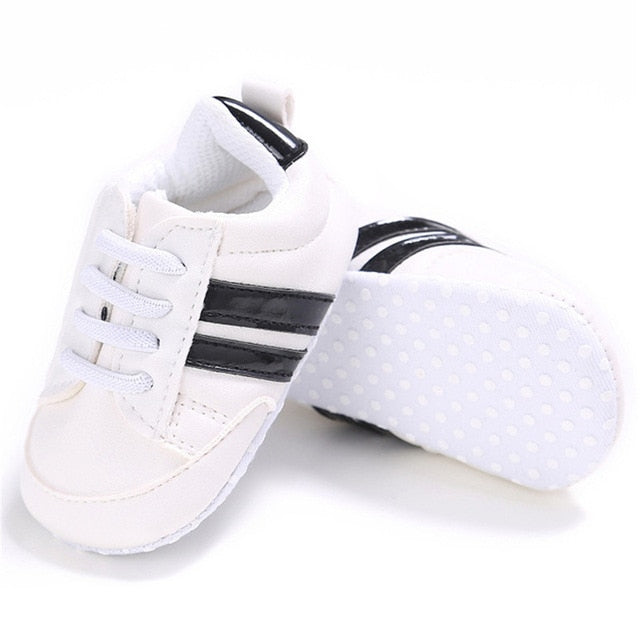 2020 Baby Shoes Newborn Boys Girls Two Striped First Walkers Kids Toddlers Lace Up PU Leather Soft Soles Sneakers 0-18 Months