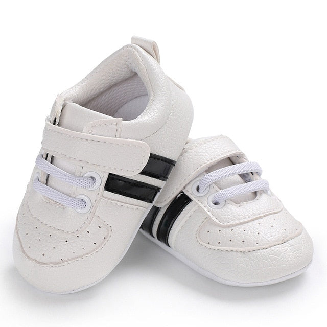 2020 Baby Shoes Newborn Boys Girls Two Striped First Walkers Kids Toddlers Lace Up PU Leather Soft Soles Sneakers 0-18 Months