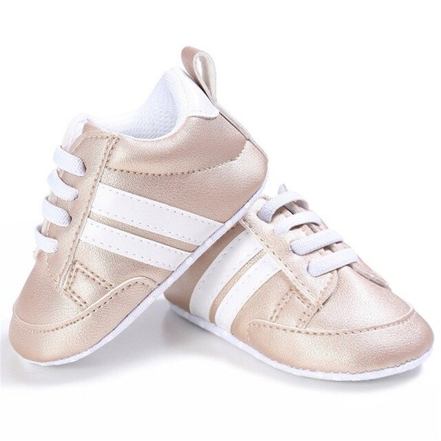 2020 Baby Shoes Newborn Boys Girls Two Striped First Walkers Kids Toddlers Lace Up PU Leather Soft Soles Sneakers 0-18 Months