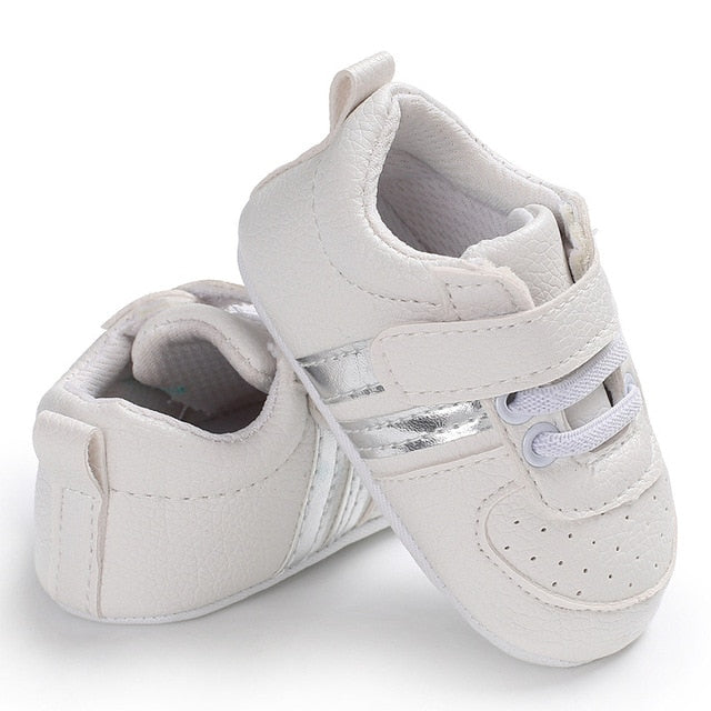 2020 Baby Shoes Newborn Boys Girls Two Striped First Walkers Kids Toddlers Lace Up PU Leather Soft Soles Sneakers 0-18 Months