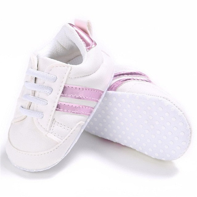 2020 Baby Shoes Newborn Boys Girls Two Striped First Walkers Kids Toddlers Lace Up PU Leather Soft Soles Sneakers 0-18 Months