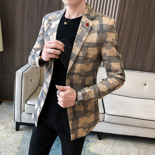 2021 Korean Plaid Suit Blazer Jacket Men Stylish Dress Prom Blazers For Men Casual Slim Club Stage Singer Suit Blusa Masculina