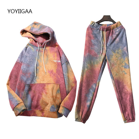 Tie Dye Autumn Winter 2 Piece Set Women Hoodies Pants Printed Sportswear Suits Thicken Warm Ladies Girls Hoodie Sets Tracksuits