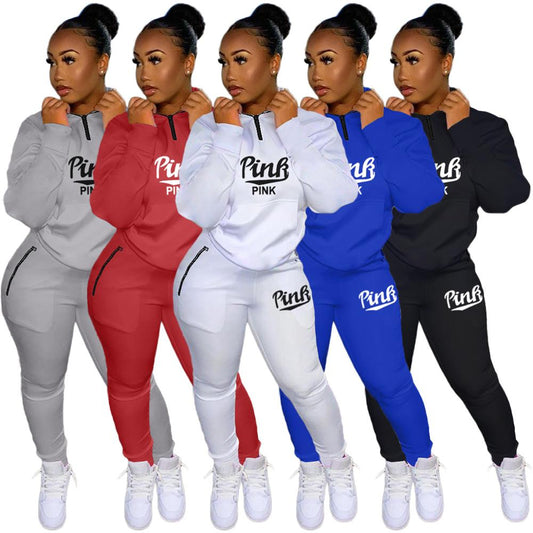 Winter Tracksuits Suits Two Piece Set Women Pink Letter Print Sport Casual Outfits Zip Sweatshirt Top+Pants Set Women Sweat Suit