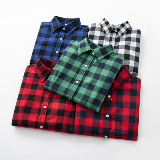 2021 Women Blouses Brand New Excellent Quality Flannel Red Plaid Shirt Women Cotton Casual Long Sleeve Shirt Tops Lady Clothes