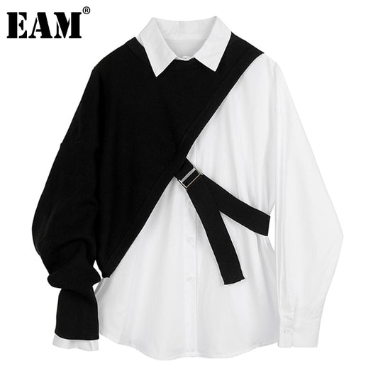 [EAM] Women White Knitting Split Big Size Blouse New Lapel Long Sleeve Loose Fit Shirt Fashion Tide Spring Autumn 2021 1DC019