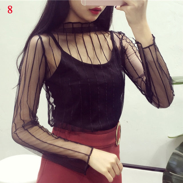 2020 Fashion Brand New Hot Women Sexy Long Sleeve See Through Mesh Fishnet Casual Top Tee Shirt Sheer Black Lace Star Dots