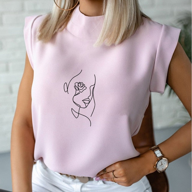 Women's Blouse Thin Abstract Art Rose Face Print O-Neck Short Sleeve White Female Casual Shirt Slim 2021 Summer Office Lady Tops