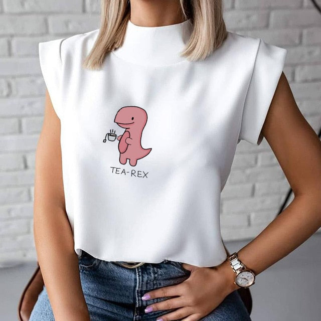 Women's Blouse Thin Abstract Art Rose Face Print O-Neck Short Sleeve White Female Casual Shirt Slim 2021 Summer Office Lady Tops