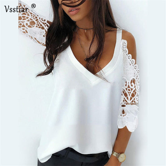 Off Shoulder Half Sleeve Blouse Women Shirt New Summer Party Ladies Tops Plus Size Bare Shoulders V Neck Lace Sexy Blouses