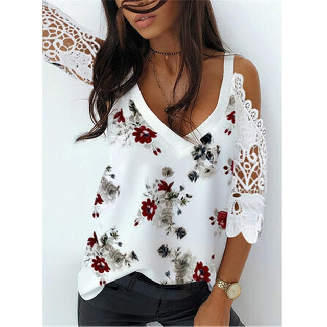 Off Shoulder Half Sleeve Blouse Women Shirt New Summer Party Ladies Tops Plus Size Bare Shoulders V Neck Lace Sexy Blouses