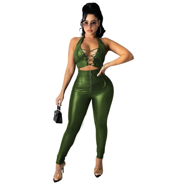 RT Casual Women PU Leather Tracksuit Two Pieces Set Tank Crop Top Long Legs Slit Pants 2 Pieces Set Faux Leather Sports Suit