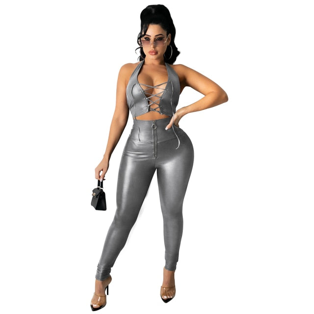 RT Casual Women PU Leather Tracksuit Two Pieces Set Tank Crop Top Long Legs Slit Pants 2 Pieces Set Faux Leather Sports Suit