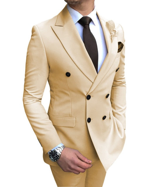 2020 New Beige Men's Suit 2 Pieces Double-Breasted Notch Lapel Flat Slim Fit Casual Tuxedos For Wedding(Blazer+Pants)