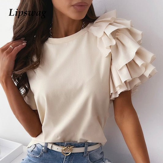 2021 Summer Short Sleeve Women Shirt Pullover Lady Casual O Neck Solid Blouse Shirt Fashion Layered Ruffle Tops Blusa Streetwear