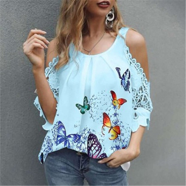 Off Shoulder Half Sleeve Blouse Women Shirt New Summer Party Ladies Tops Plus Size Bare Shoulders V Neck Lace Sexy Blouses