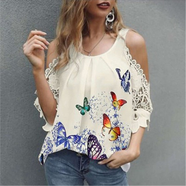 Off Shoulder Half Sleeve Blouse Women Shirt New Summer Party Ladies Tops Plus Size Bare Shoulders V Neck Lace Sexy Blouses