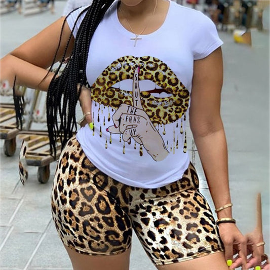 2021 Plus Size 5XL Two Piece Set for Women Tracksuit Lips Short Sleeve Top Leopard Shorts Sweat Suit 2 Pcs Outfits Matching Sets