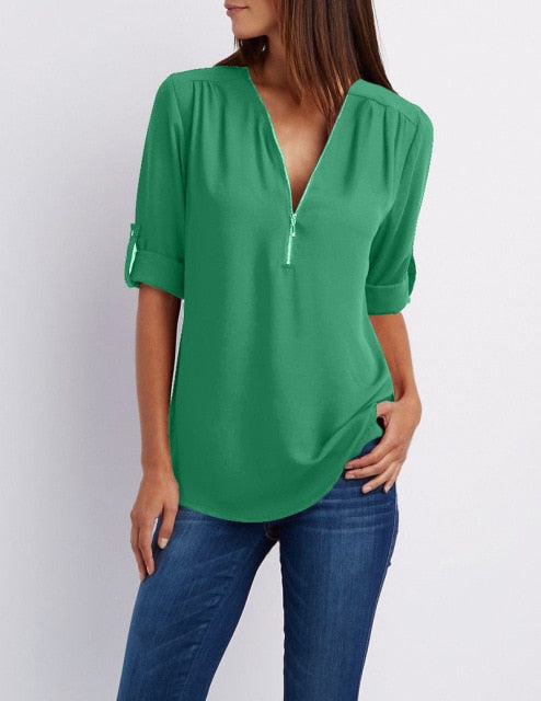 Zipper Short Sleeve Women Shirts 2021 Sexy V Neck Solid Womens Tops And Blouses Casual Tee Shirts Tops Female Clothes