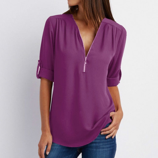 Zipper Short Sleeve Women Shirts 2021 Sexy V Neck Solid Womens Tops And Blouses Casual Tee Shirts Tops Female Clothes