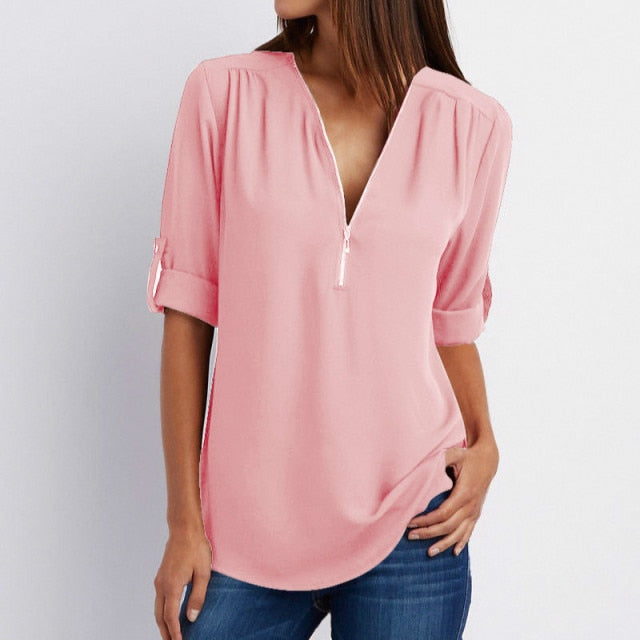 Zipper Short Sleeve Women Shirts 2021 Sexy V Neck Solid Womens Tops And Blouses Casual Tee Shirts Tops Female Clothes