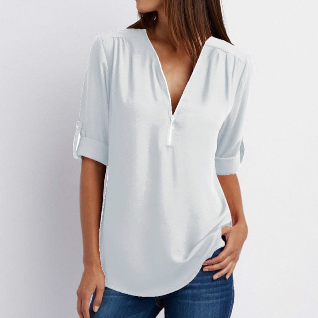 Zipper Short Sleeve Women Shirts 2021 Sexy V Neck Solid Womens Tops And Blouses Casual Tee Shirts Tops Female Clothes