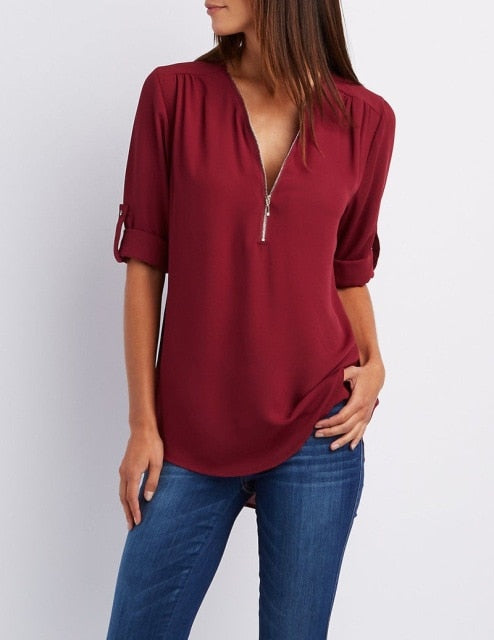 Zipper Short Sleeve Women Shirts 2021 Sexy V Neck Solid Womens Tops And Blouses Casual Tee Shirts Tops Female Clothes