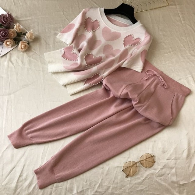 Korean summer Love printed knitted 2 Piece Set Women short sleeve beading Sweater Female tops+pants Suit pink casual Tracksuit